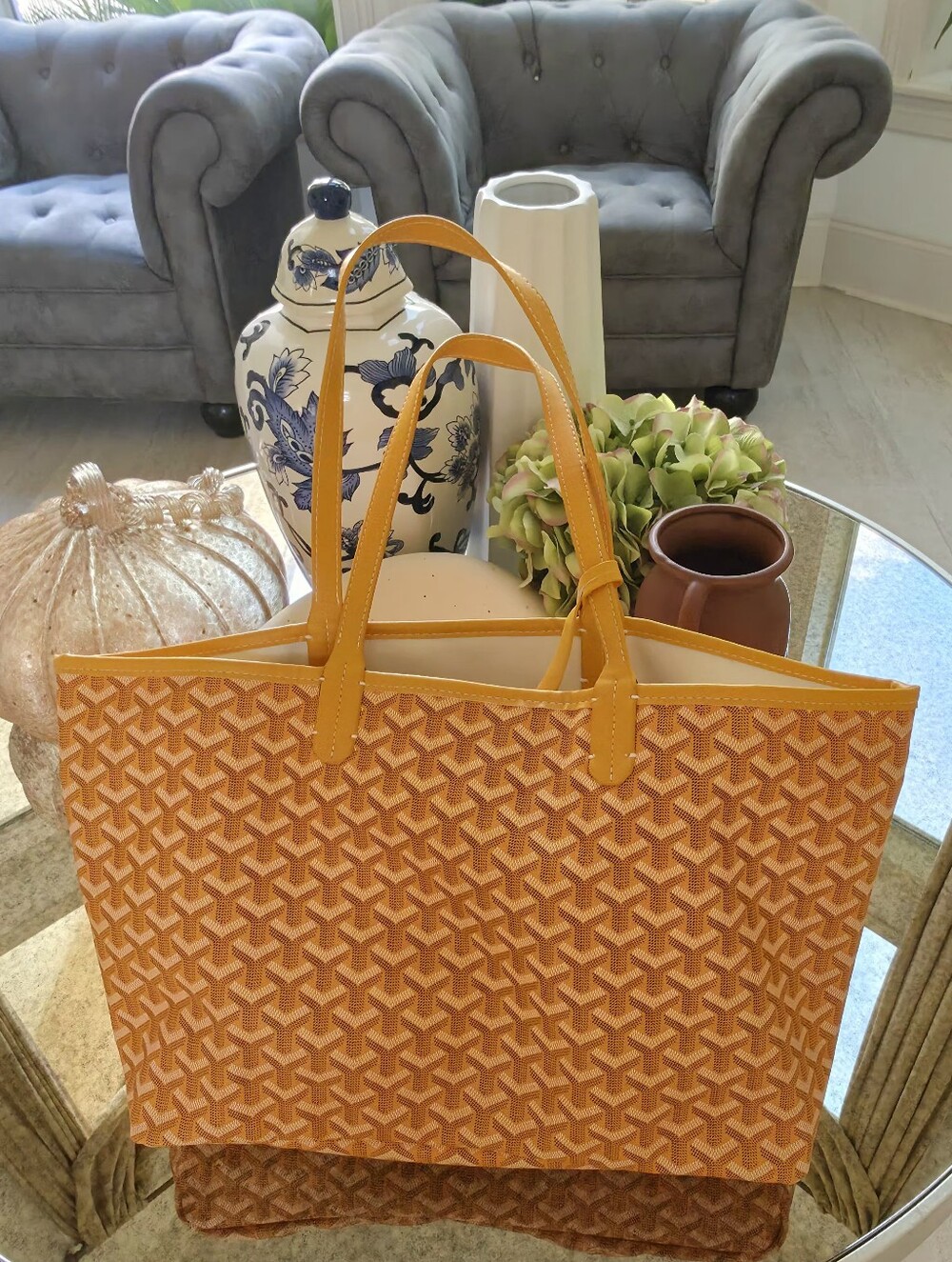 Yellow Patterned Canvas Tote Bag with Leather Trim